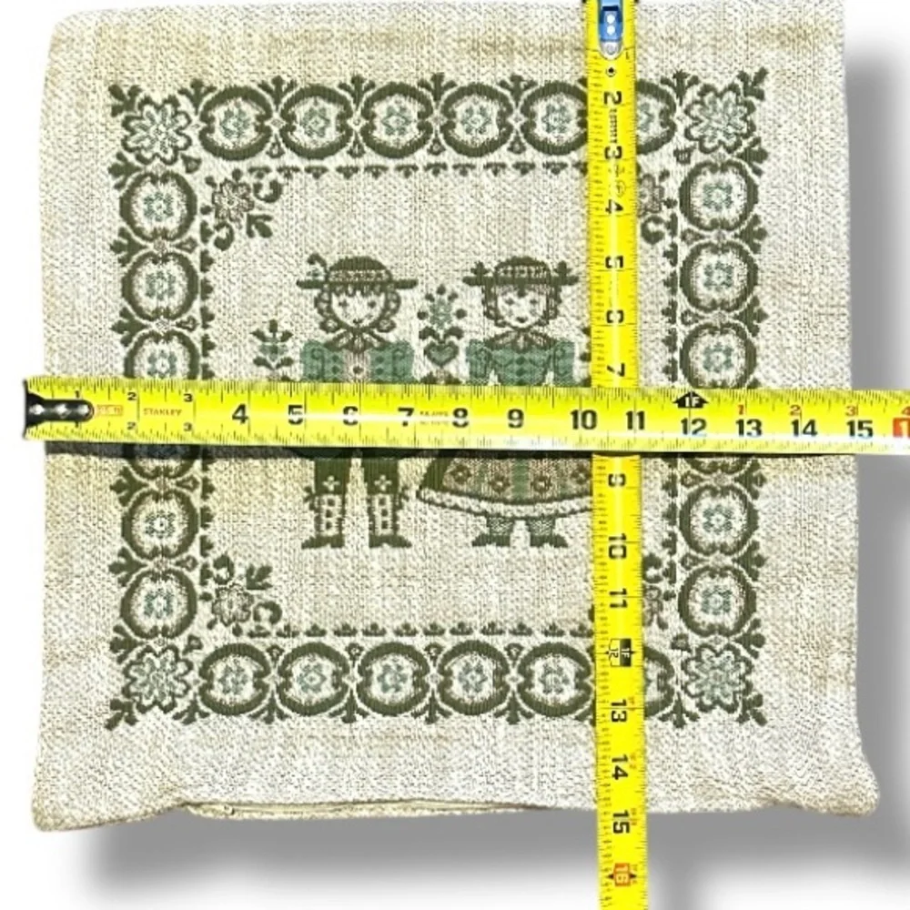 Vintage Austrian Folk Woven Square Pillow Case Boy Girl Beige Green Oktoberfest